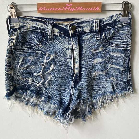 Aphrodite Acid Wash High Rise Blue Cutoff Shorts, Size M - Picture 2 of 11